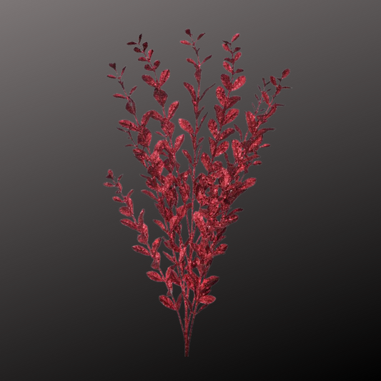 22" Burgundy Glitter Boxwood Spray – Artificial Dark Red Sequin Leaf Stem for Christmas Regency