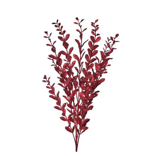 22" Burgundy Glitter Boxwood Spray – Artificial Dark Red Sequin Leaf Stem for Christmas Regency
