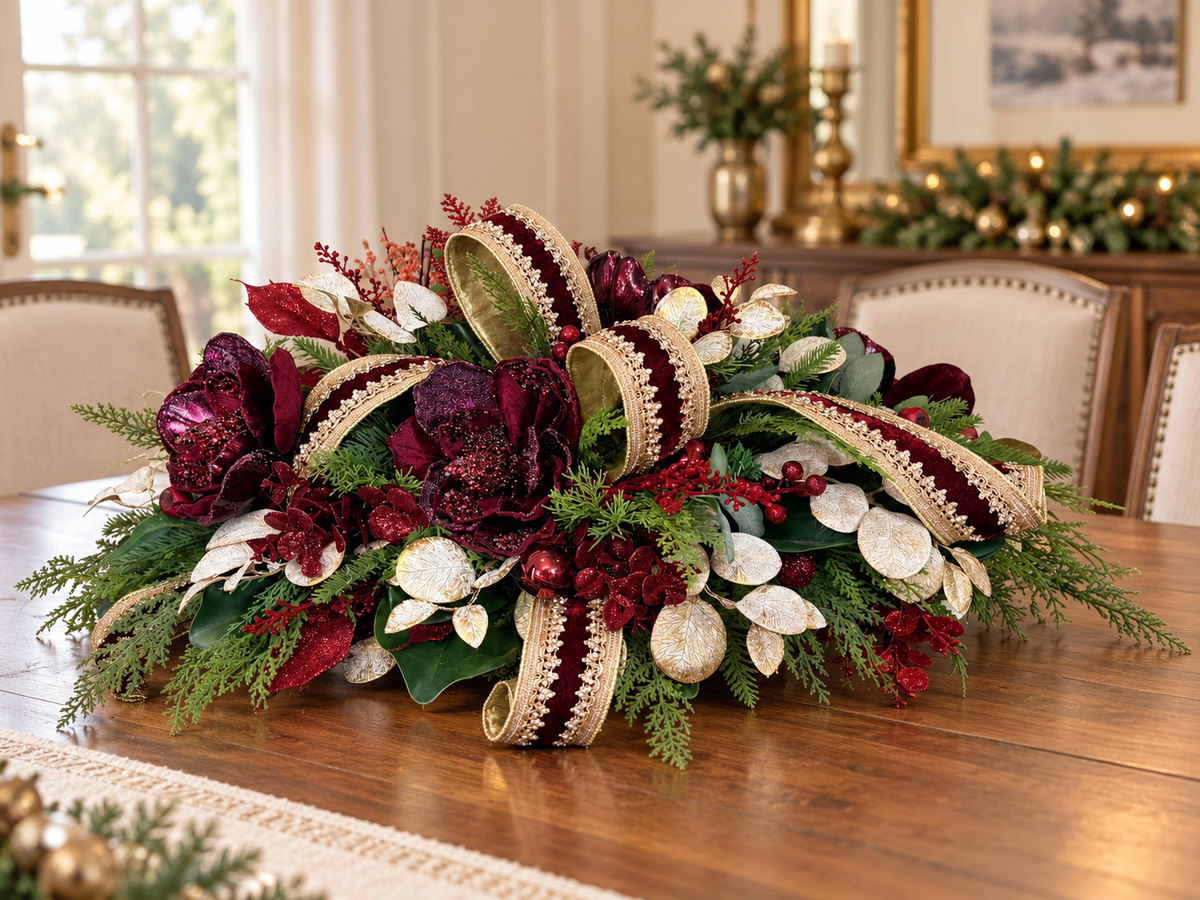 Burgundy & Gold Glam Christmas Centerpiece with Velvet Magnolias & D. Stevens Ribbon-2213 TCT Crafts