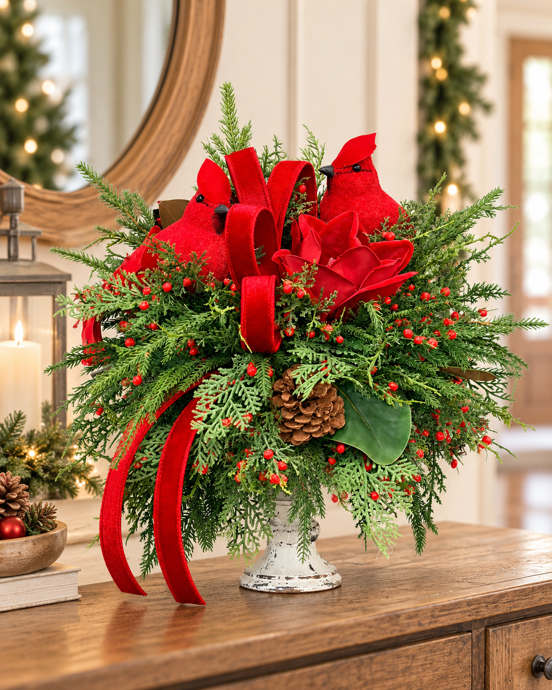 Red Cardinal Christmas Candlestick Arrangement with Velvet Magnolias & Farrisilk Bow-2209 TCT Crafts