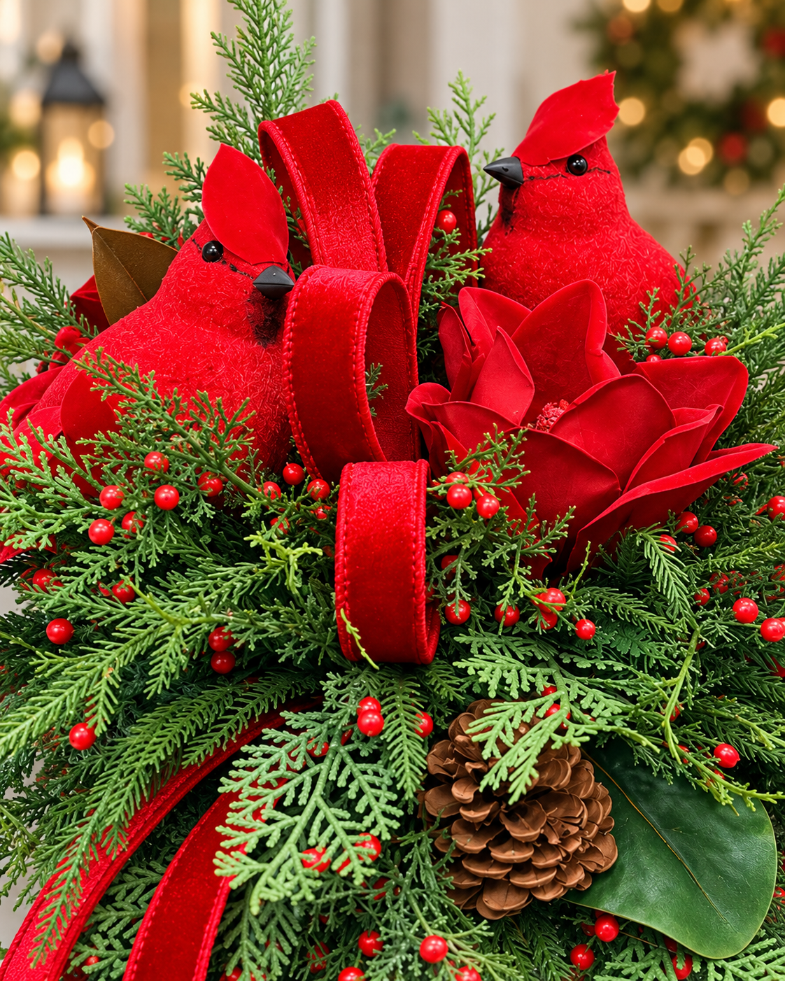 Red Cardinal Christmas Candlestick Arrangement with Velvet Magnolias & Farrisilk Bow-2209 TCT Crafts