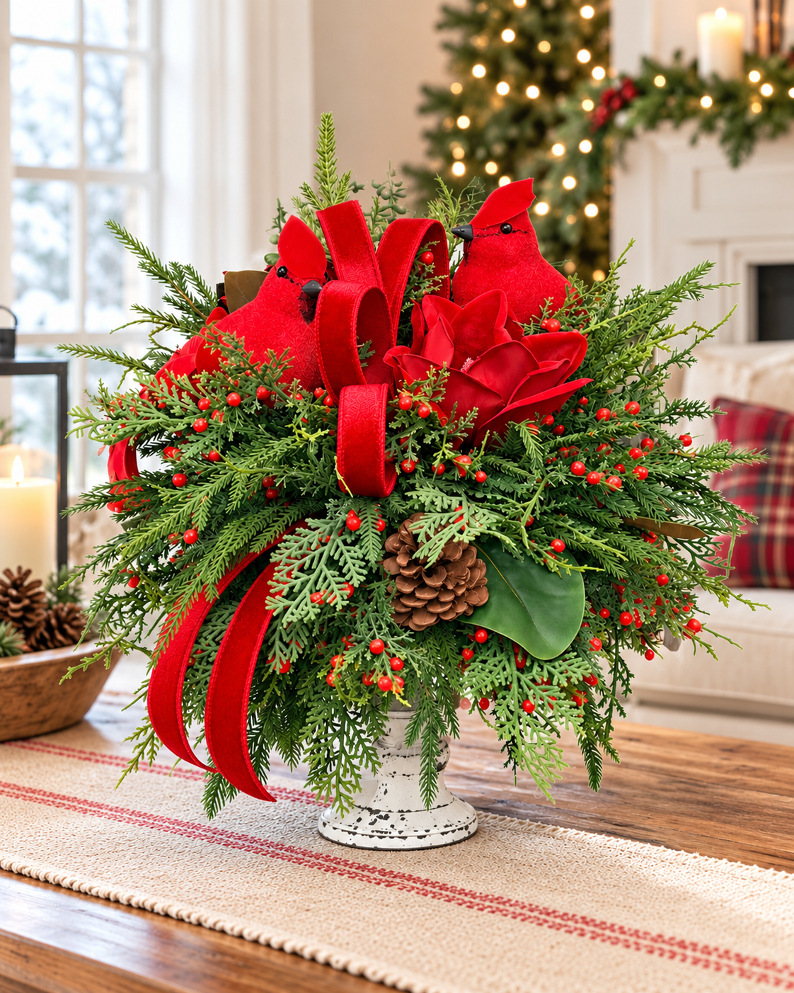 Red Cardinal Christmas Candlestick Arrangement with Velvet Magnolias & Farrisilk Bow-2209 TCT Crafts