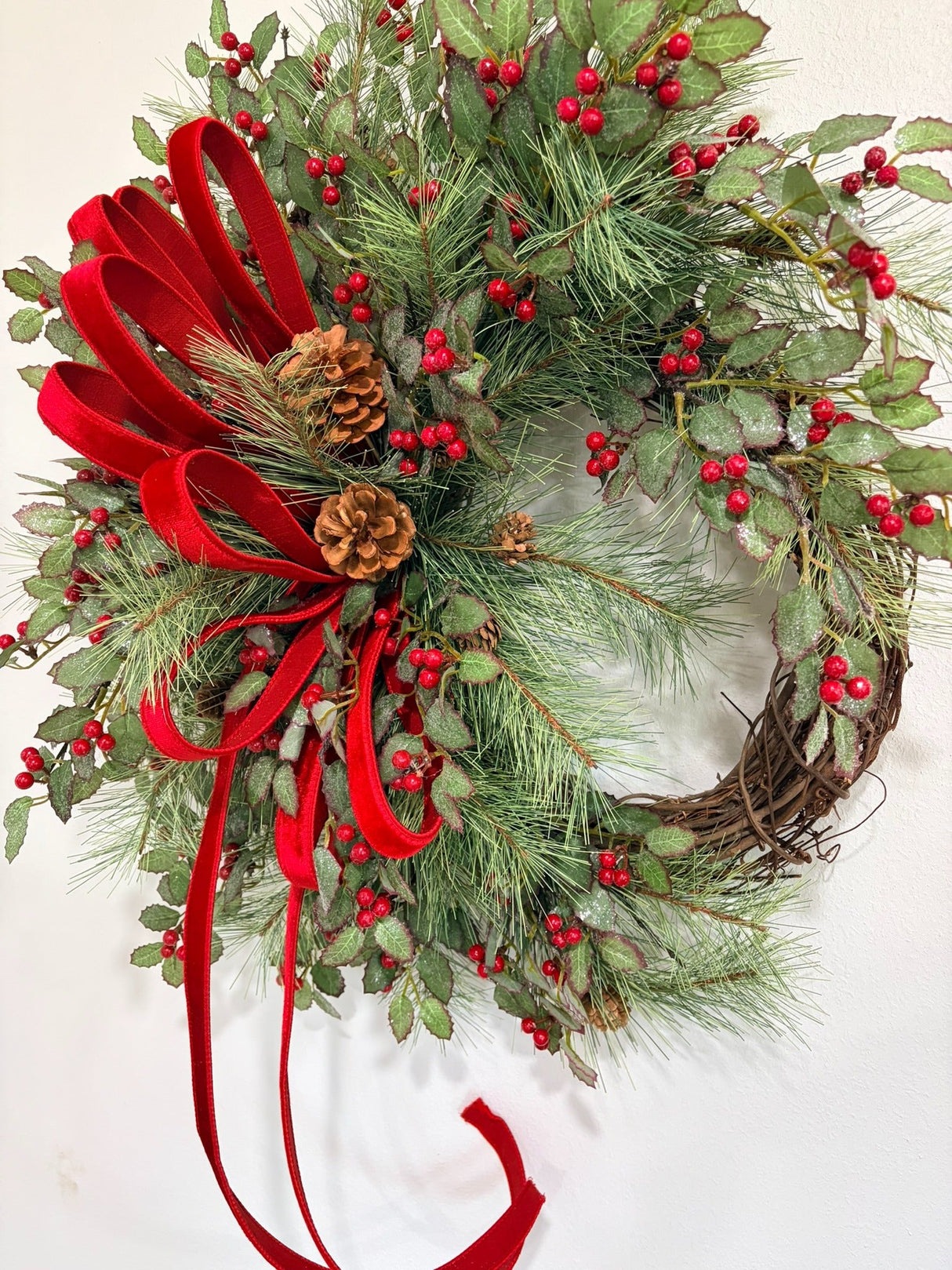 Classic Holly Pine Wreath | Red Velvet Farrisilk Ribbon Grapevine | 26" TCT Crafts