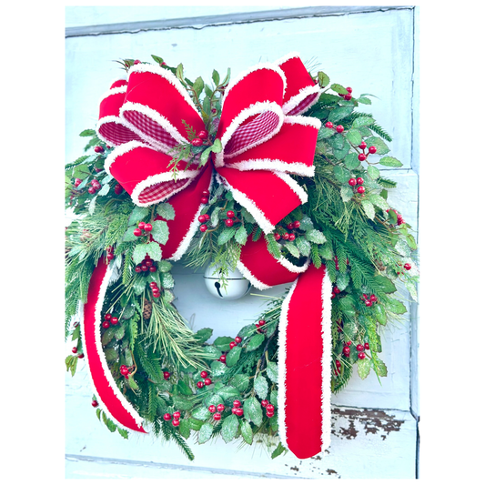 Christmas Holly and Pine Grapevine Wreath with Red Velvet Bow & Bells TCT Crafts