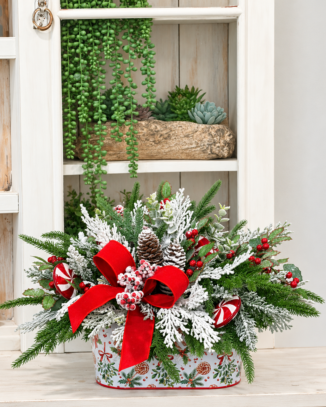 Peppermint Holiday Centerpiece | Flocked Cedar Pine Pinecone Design | 18"Lx12"H-2206 TCT Crafts Designs & Decor