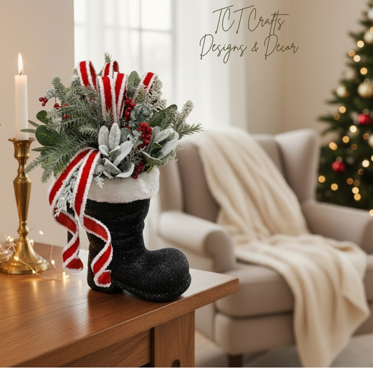 Christmas Santa Boot Arrangement with Red White Velvet Ribbon TCT Crafts