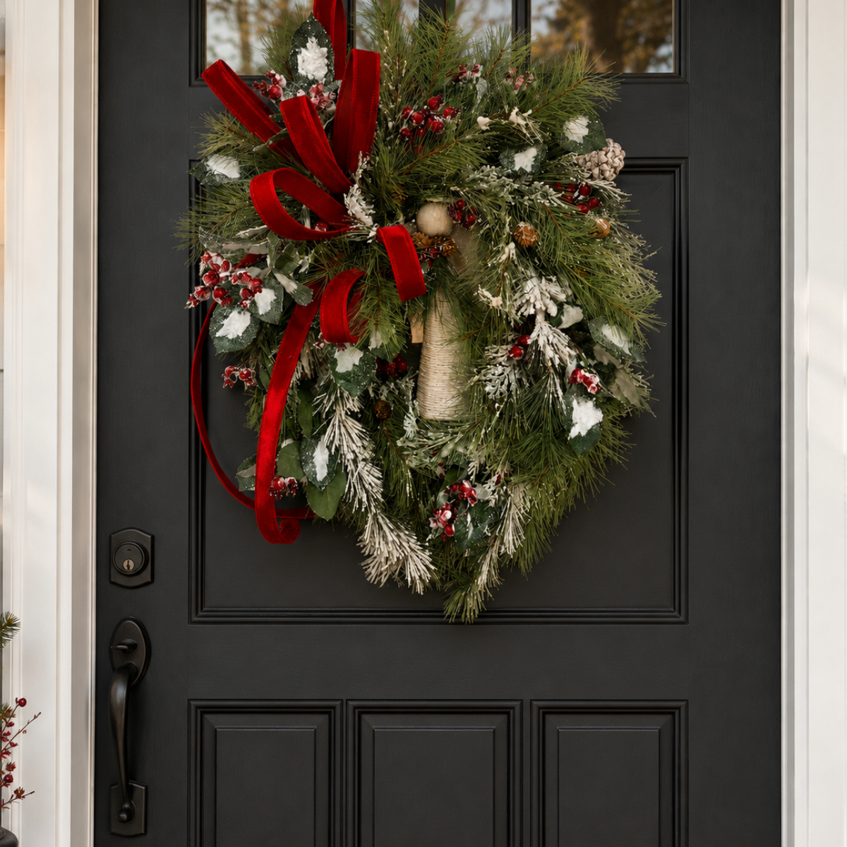 Winter Angel Grapevine Wreath – Elegant 32"x22" Christmas Wreath with Red Velvet Bow & Pine Sprays for Front Door Decor TCT Crafts