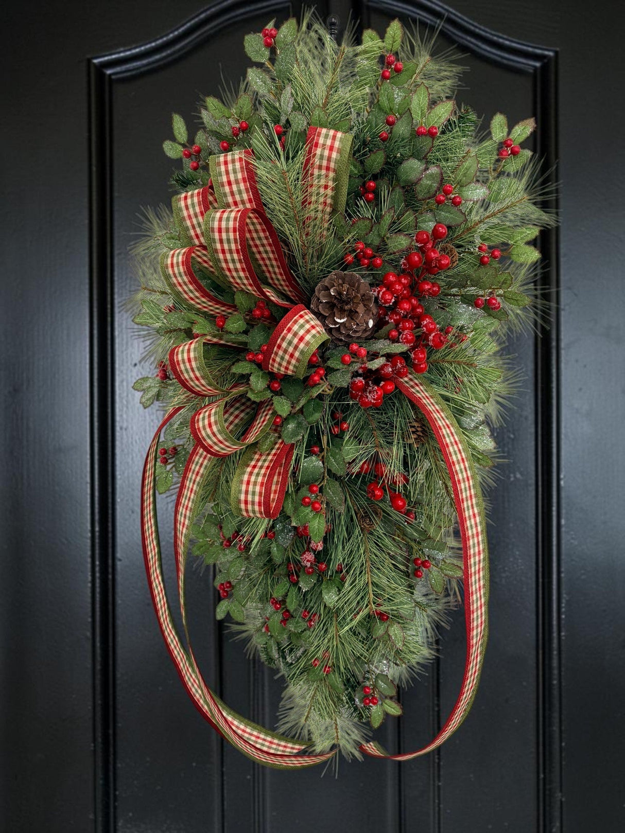 Deluxe Holly Pine Christmas Swag | Red Plaid Ribbon Bow | 36"x20" TCT Crafts