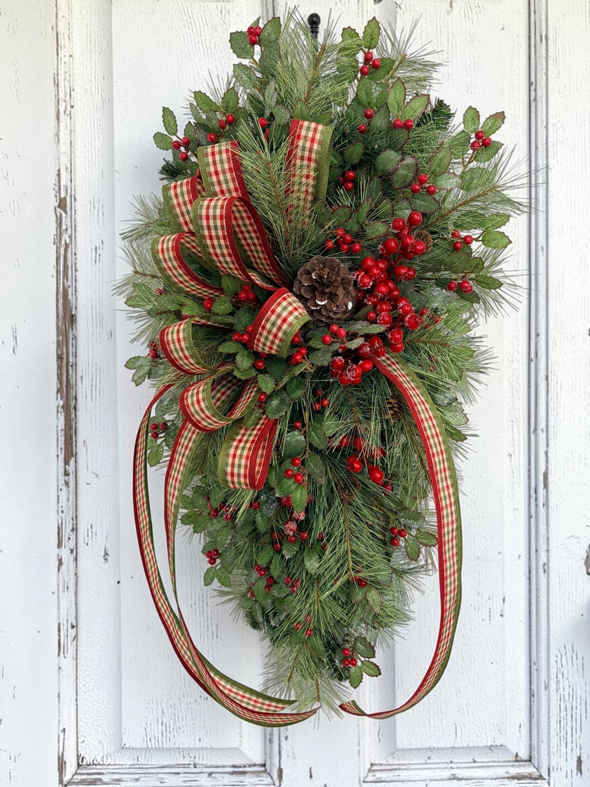 Deluxe Holly Pine Christmas Swag | Red Plaid Ribbon Bow | 36"x20" TCT Crafts