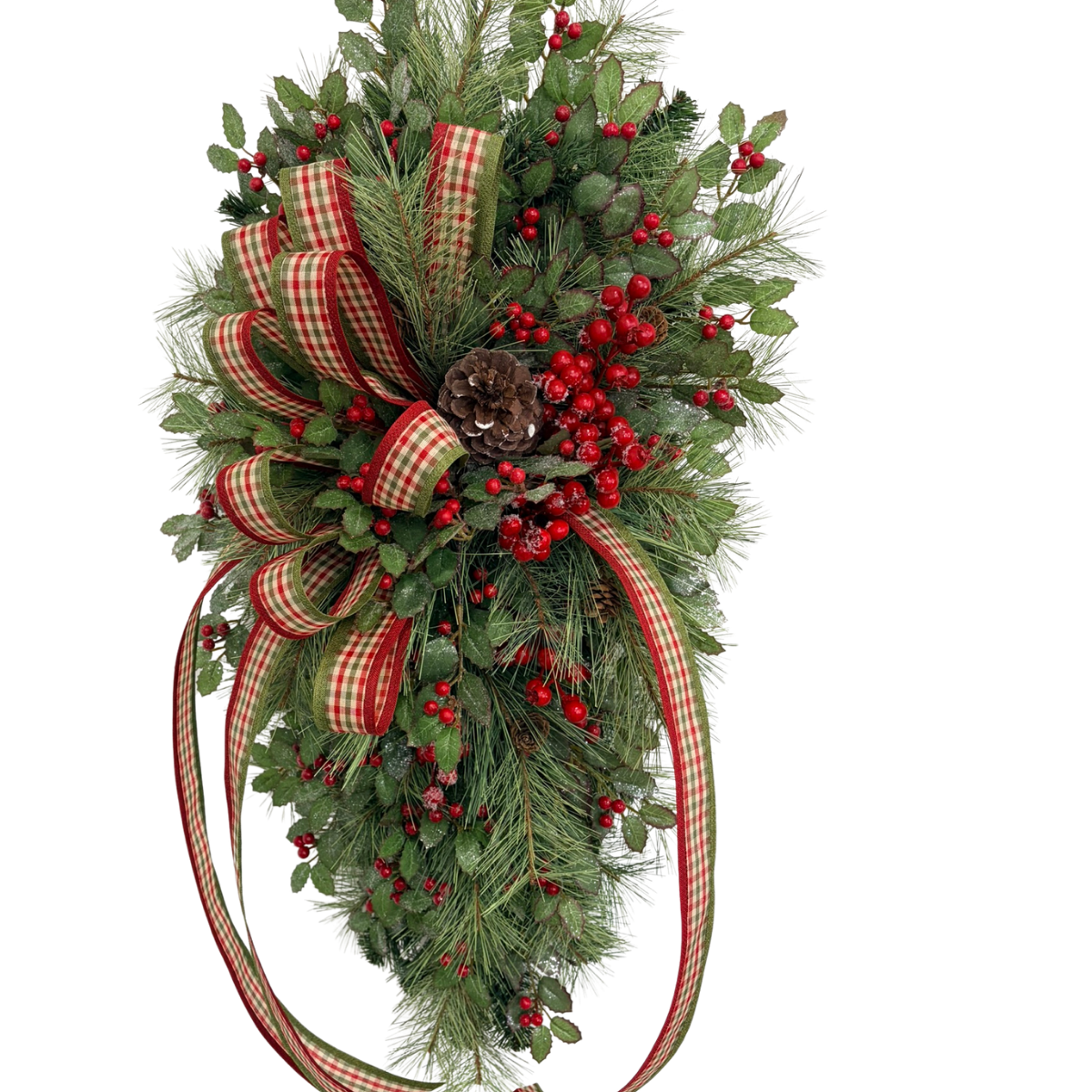 Deluxe Holly Pine Christmas Swag | Red Plaid Ribbon Bow | 36"x20" TCT Crafts