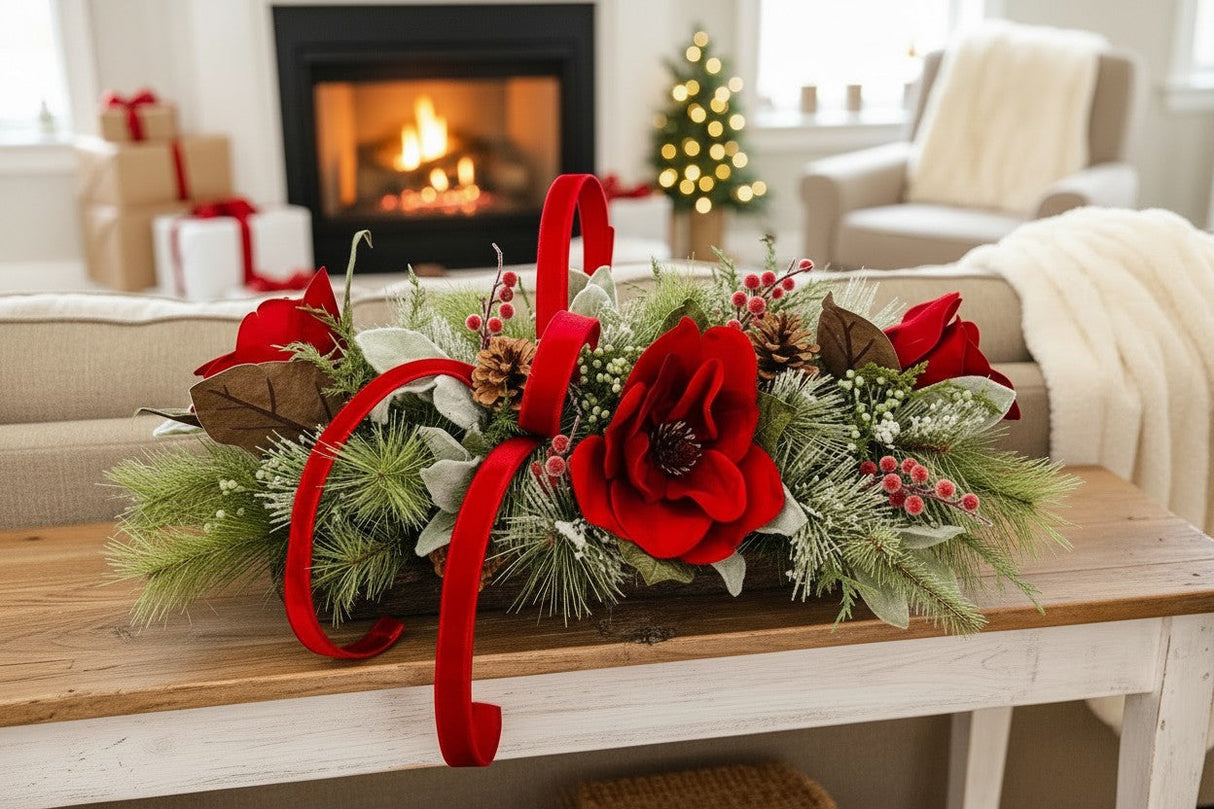 Red Velvet Magnolia Christmas Centerpiece | Wooden Tray Holiday Arrangement TCT Crafts