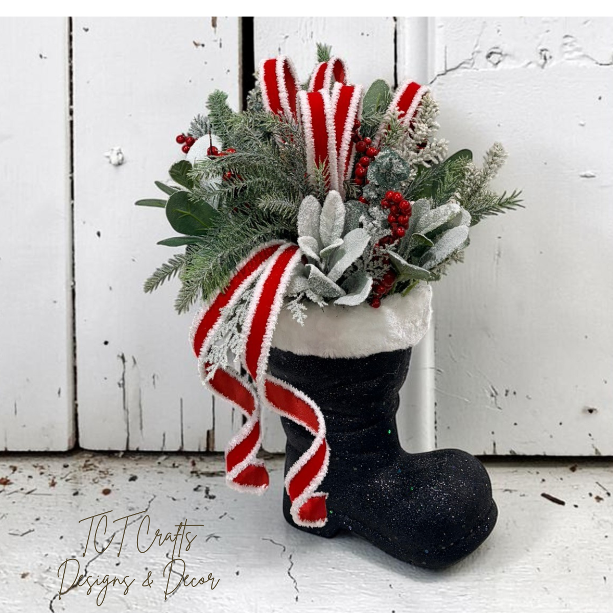 Christmas Santa Boot Arrangement with Red White Velvet Ribbon TCT Crafts