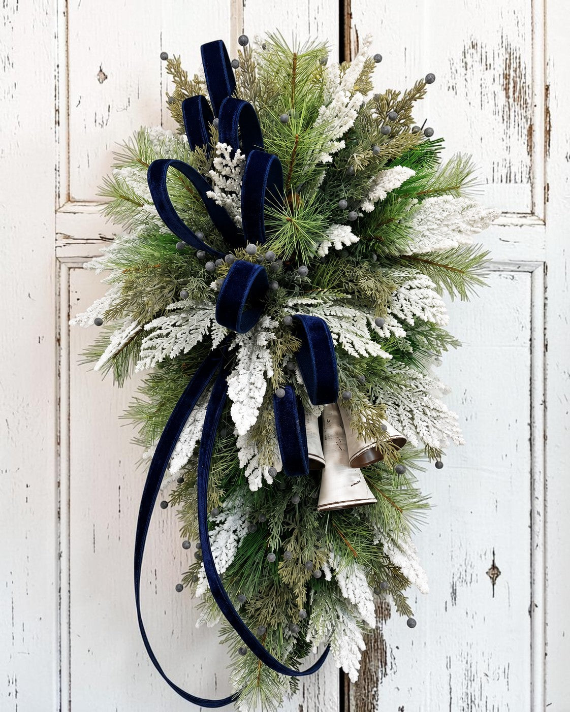 Blue White Holiday Bell Swag — Large Christmas Front Door Swag, 35 Inch TCT Crafts