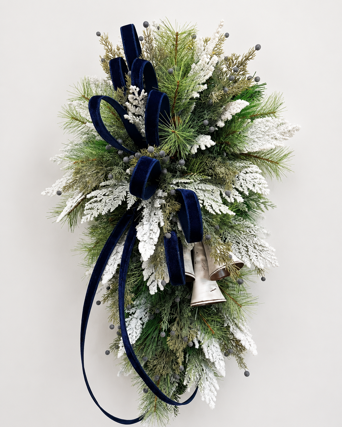 Blue White Holiday Bell Swag — Large Christmas Front Door Swag, 35 Inch TCT Crafts