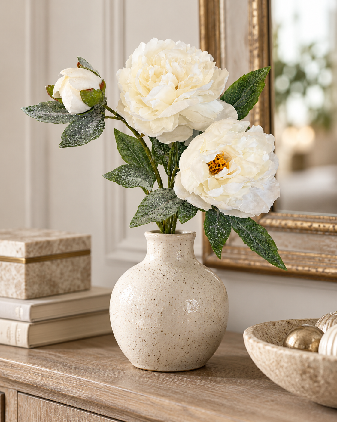 Snowy Cream Peony Spray | Frosted Winter Floral Stem | 25.5" Spray-XM14832-CR Green Import