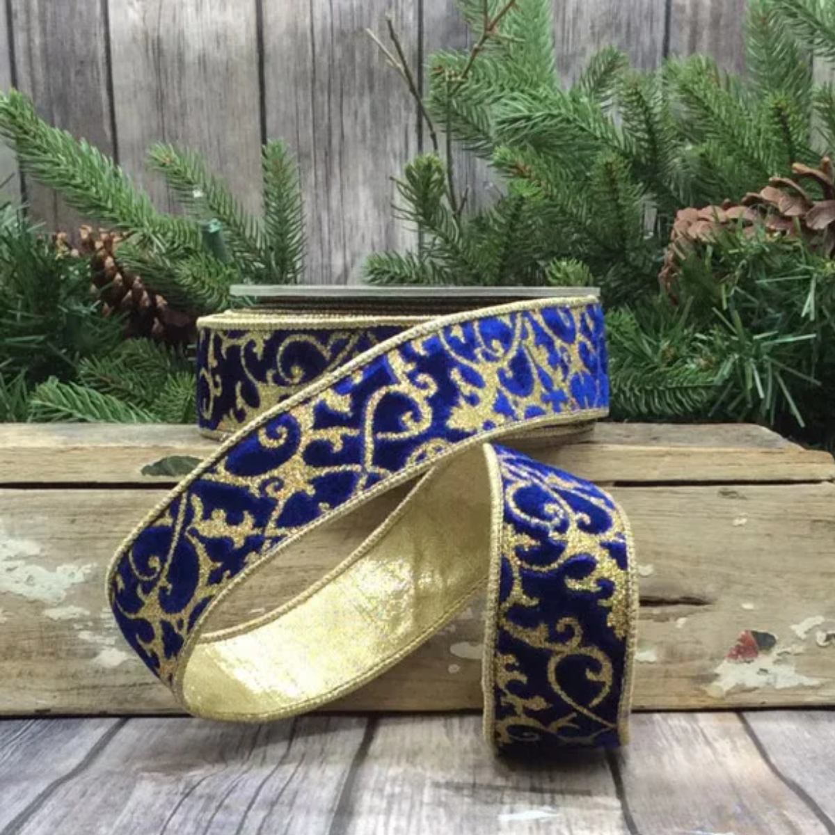 Cobalt Blue Velvet Glitter Ribbon | Gold Treillage Wired Ribbon | 1.5" x 10yd-05-0801 D. Stevens