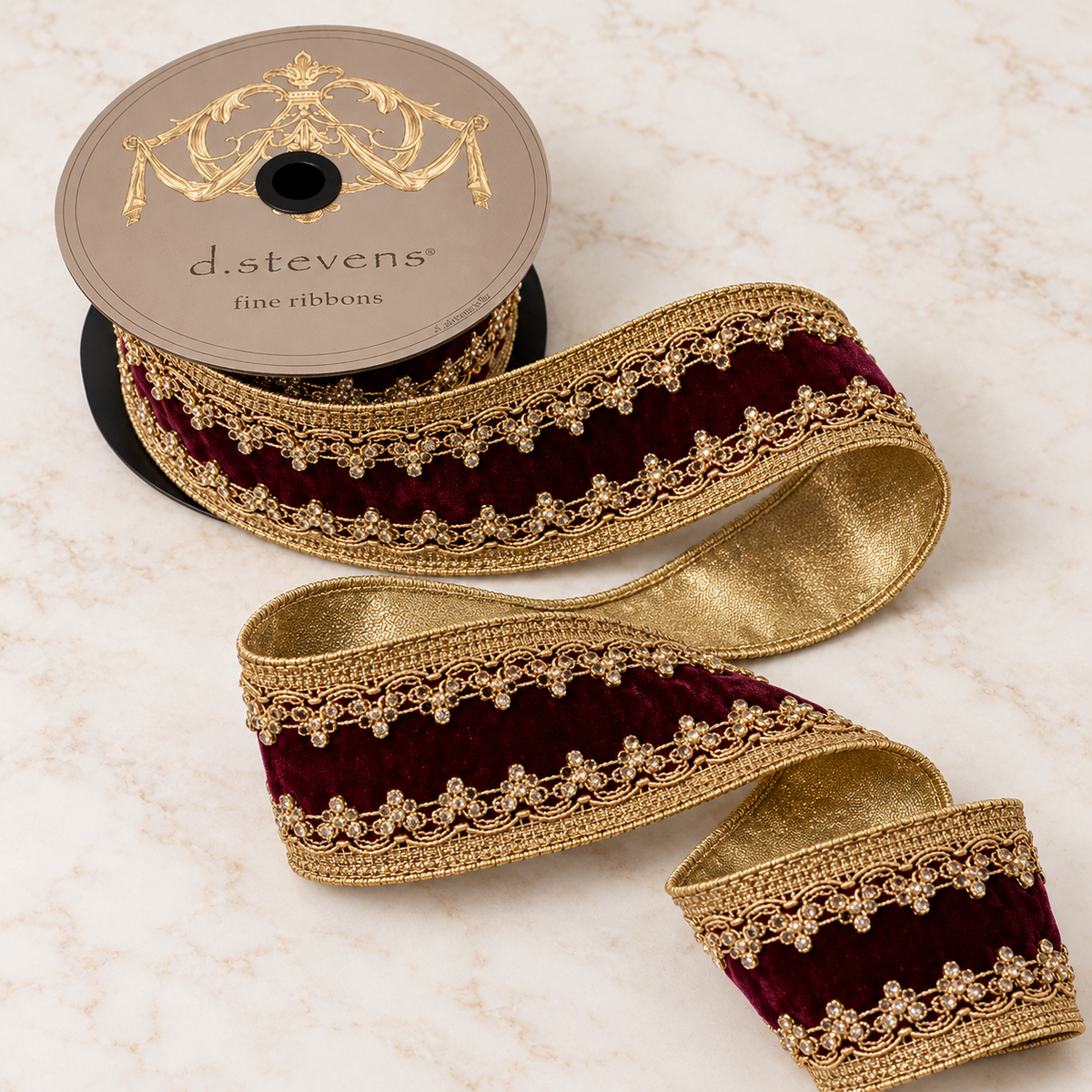 D. Stevens Burgundy Velvet Jeweled Trim Ribbon | Gold Countess Wired Ribbon | 2.5" x 5yd-05-2010 D. Stevens