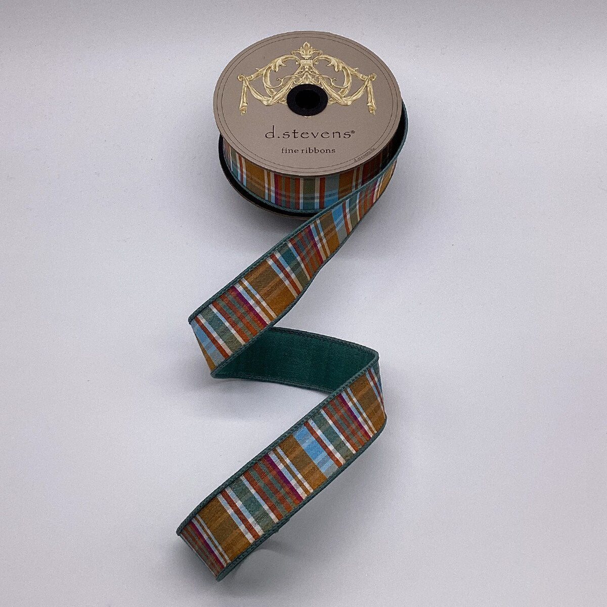 D Stevens Dupioni Plaid Wired Ribbon Brown Celadon 1.5 Inch-05-1757 D.Stevens