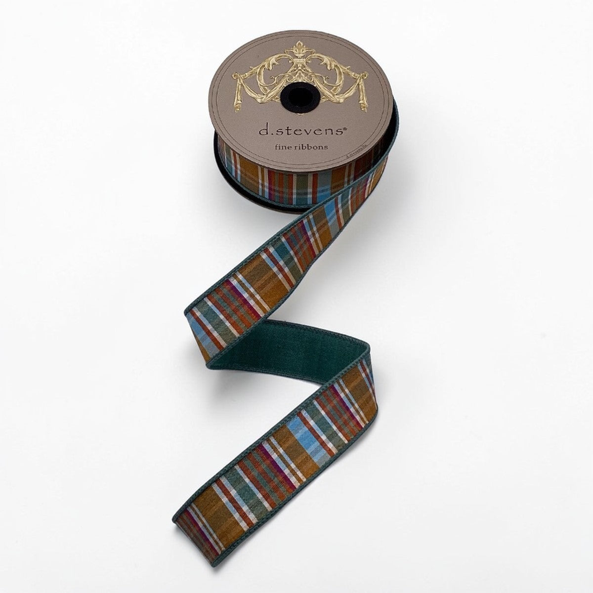 D Stevens Dupioni Plaid Wired Ribbon Brown Celadon 1.5 Inch-05-1757 D.Stevens