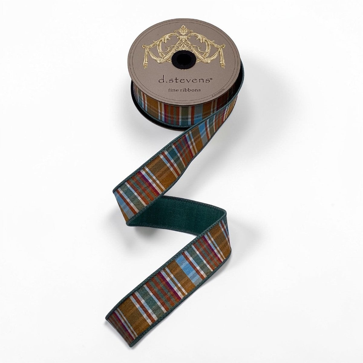 D Stevens Dupioni Plaid Wired Ribbon Brown Celadon 1.5 Inch-05-1757 D.Stevens