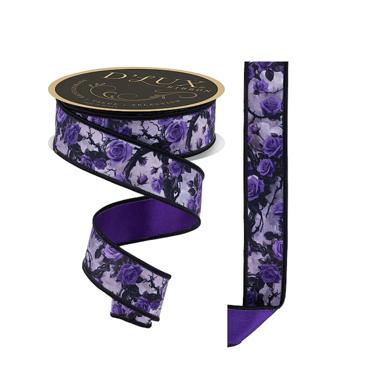 D'Lux Roses and Vines Wired Ribbon — 1.5 Inch Violet Lilac Grey Moody Floral Ribbon-LX125823 Craig Bachman