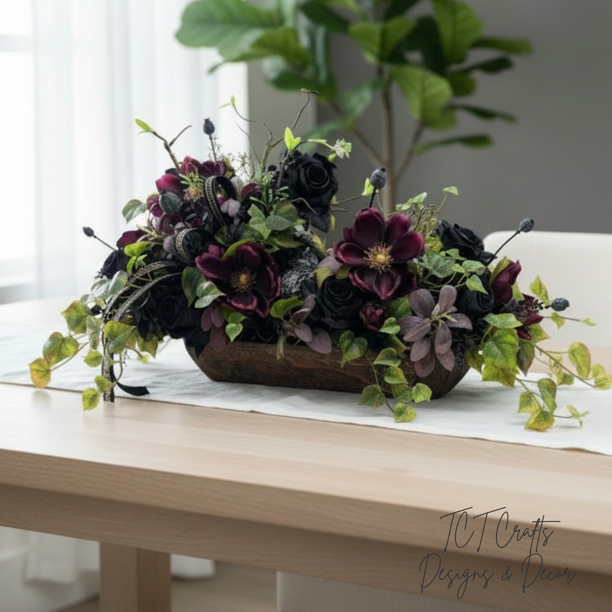 Dark Moody Halloween Centerpiece with Black Roses and Purple Magnolias TCT Crafts