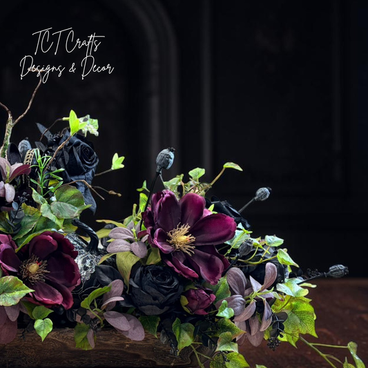Dark Moody Halloween Centerpiece with Black Roses and Purple Magnolias TCT Crafts