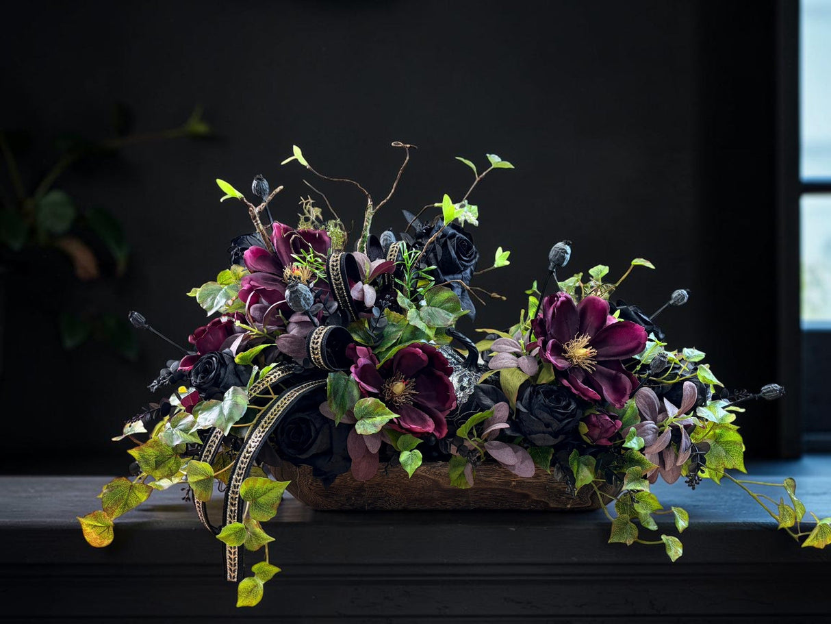 Dark Moody Halloween Centerpiece with Black Roses and Purple Magnolias TCT Crafts