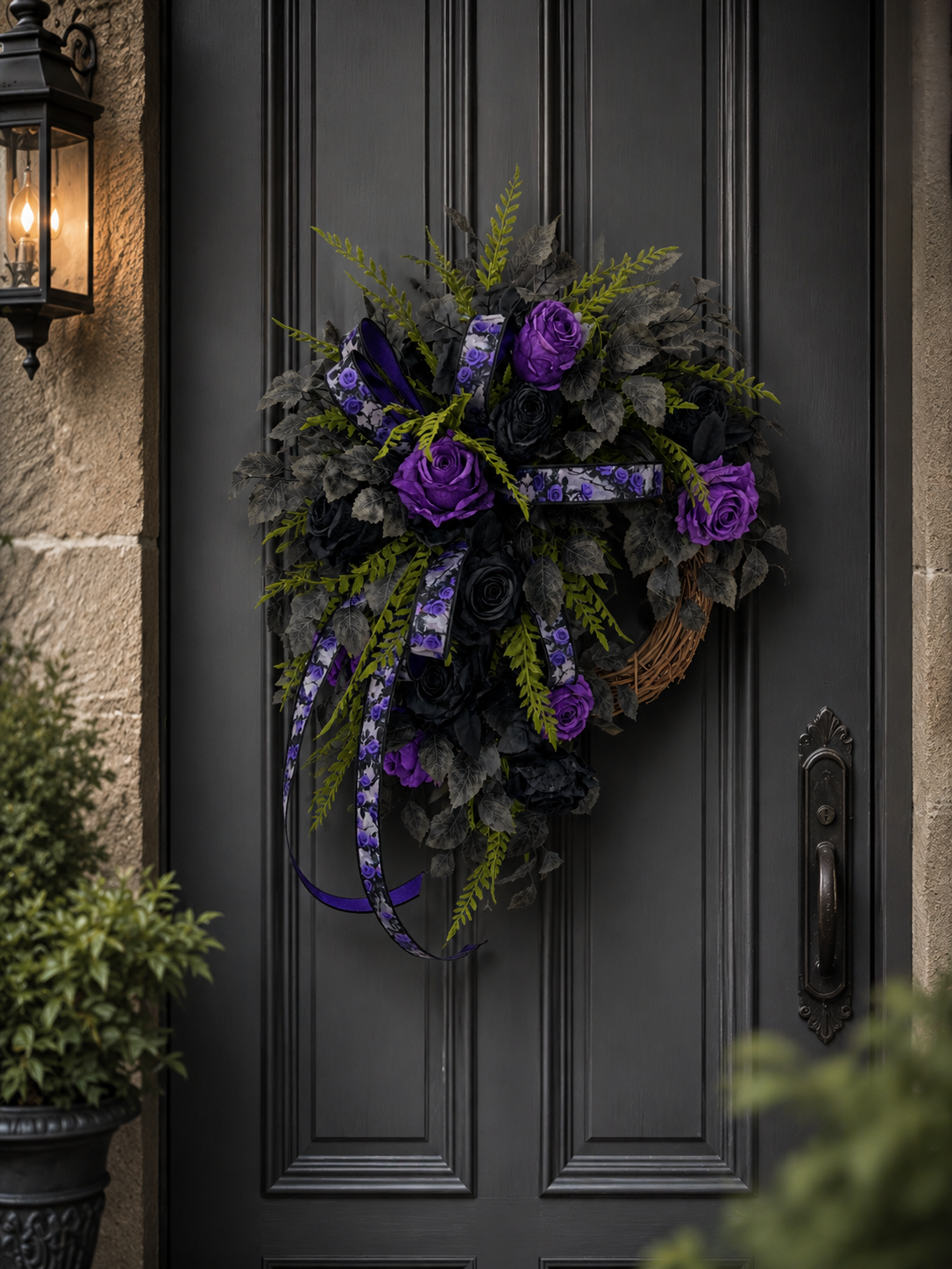 Dark Moody Halloween Wreath — Purple and Black Rose Grapevine Wreath, 32 Inch TCT Crafts