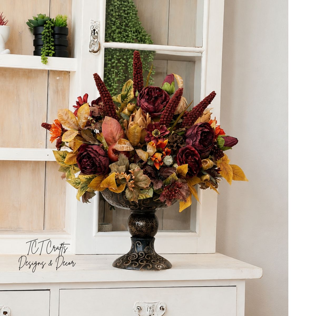 Designer Fall Arrangement in Ornate Compote — Ready-Made Artificial Centerpiece for Entryways, Buffets, and Commercial Spaces TCT Crafts