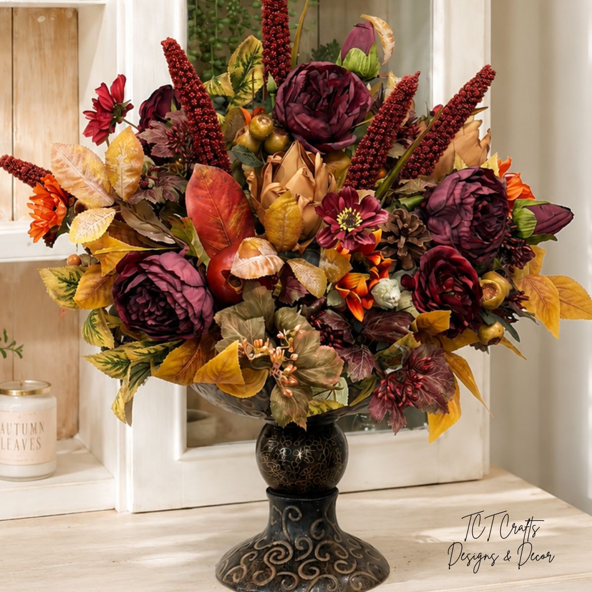 Designer Fall Arrangement in Ornate Compote — Ready-Made Artificial Centerpiece for Entryways, Buffets, and Commercial Spaces TCT Crafts