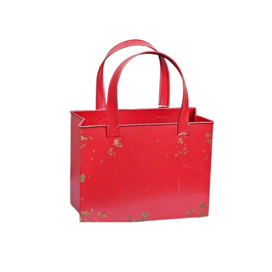 Distressed Red Metal Tote Bag – Rustic Farmhouse Container for Floral Arrangements & Holiday Decor-M10826 Impressive Enterprises, Inc.