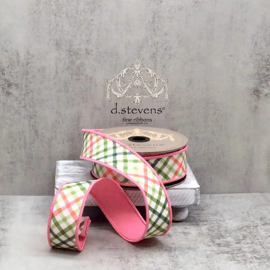 Pink Green Dupion Plaid Wired Ribbon | 1.5 Inch Designer Ribbon D.Stevens