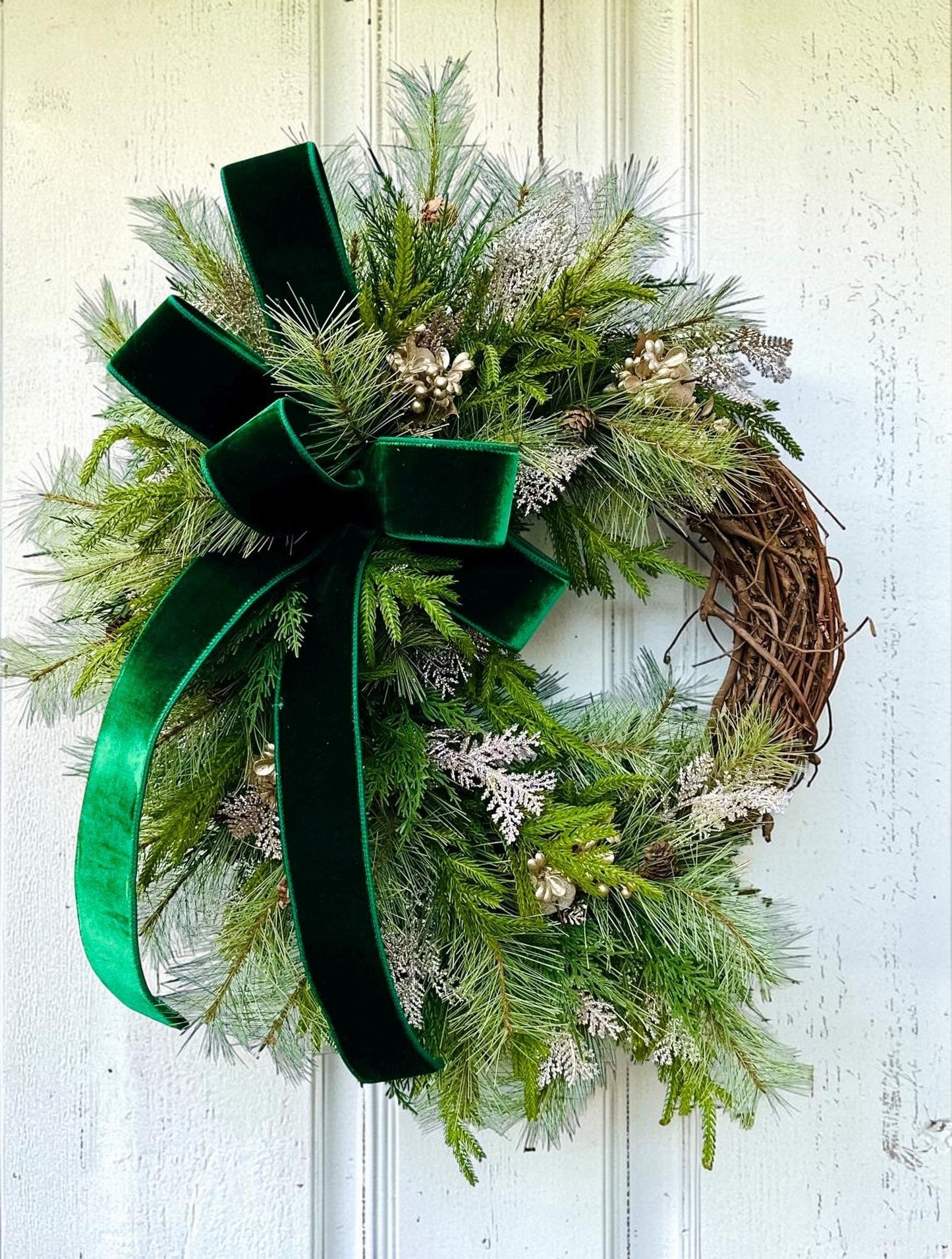 Elegant Green & Gold Grapevine Pine Christmas Wreath | Velvet Ribbon Winter Holiday Wreath | 33"x24" Classic Front Door Decor TCT Crafts