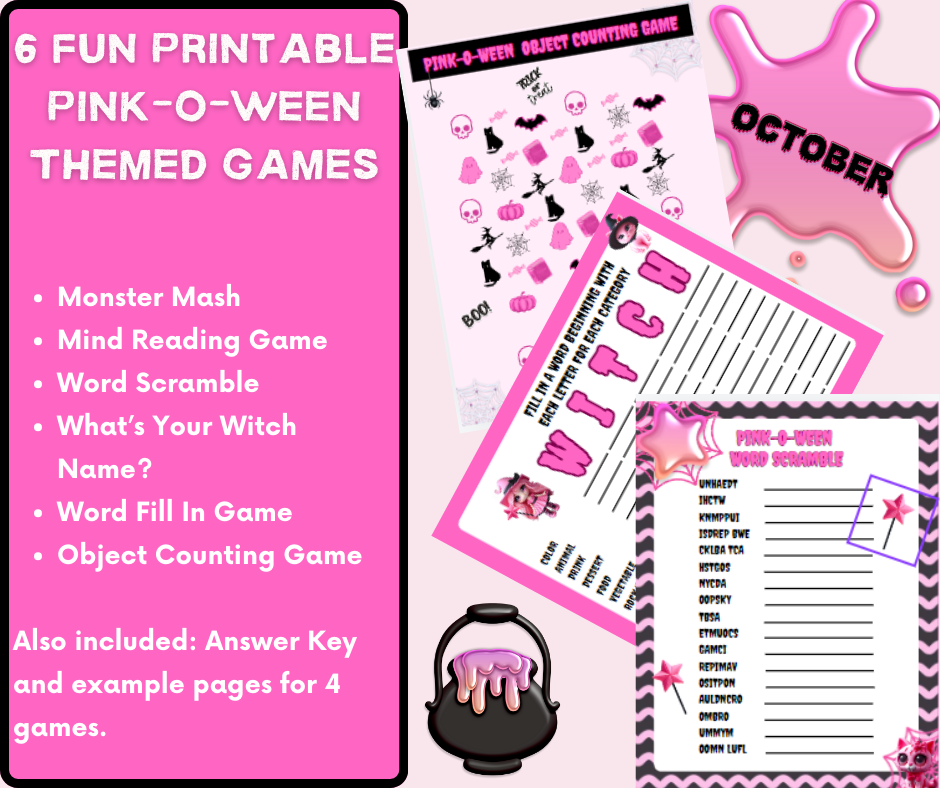 Pink-O-Ween Halloween Themed Pink Digital Downloadable Party Games- PRINTABLE Halloween Party Games-October Pink Themed Party Games TCTCrafts