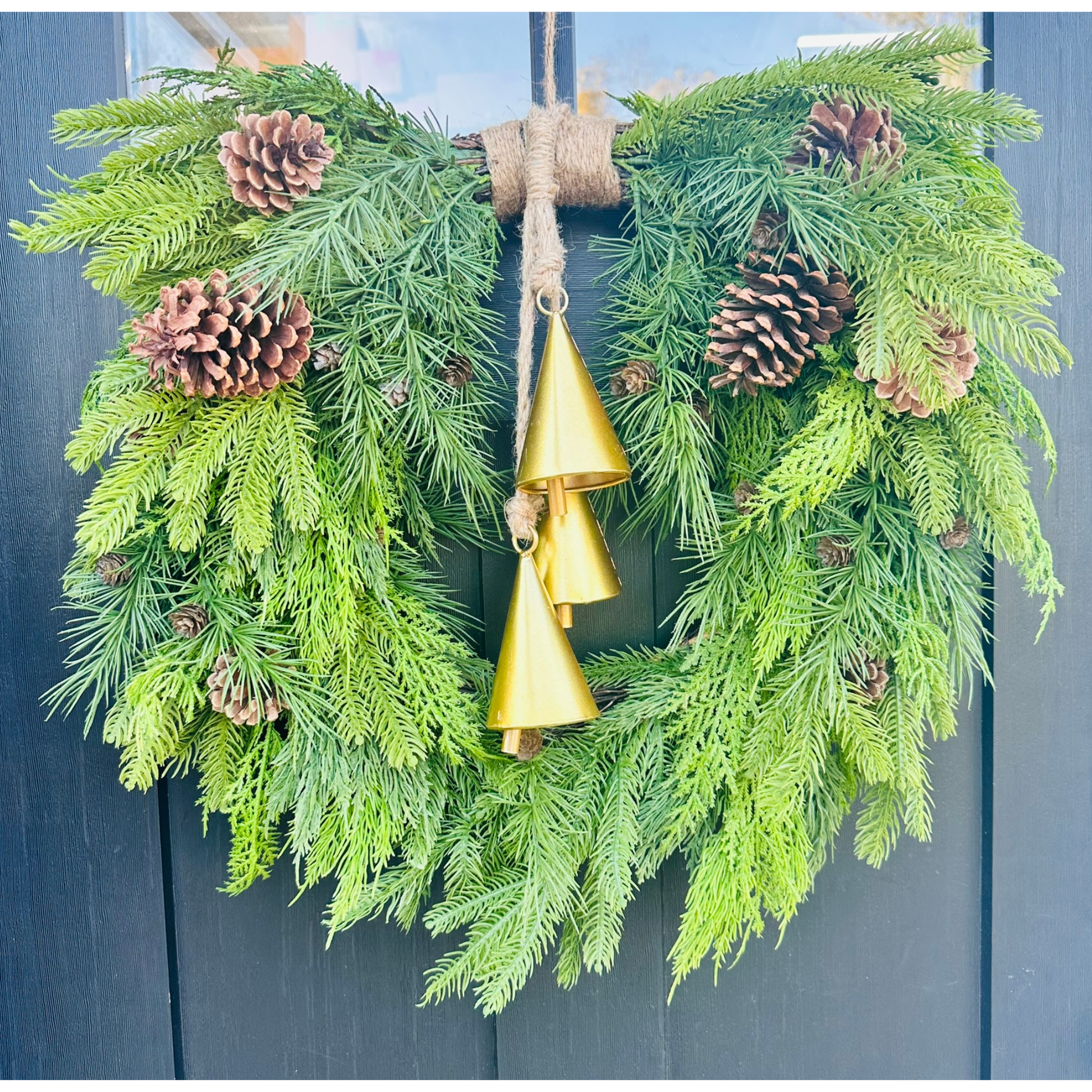 26" Mixed Evergreen Heart Wreath with Gold Agogo Bells – Natural Holiday Door Decor TCT Crafts
