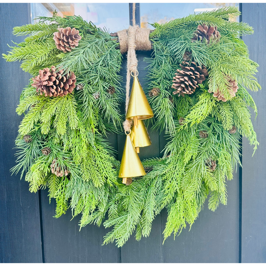 26" Mixed Evergreen Heart Wreath with Gold Agogo Bells – Natural Holiday Door Decor TCT Crafts