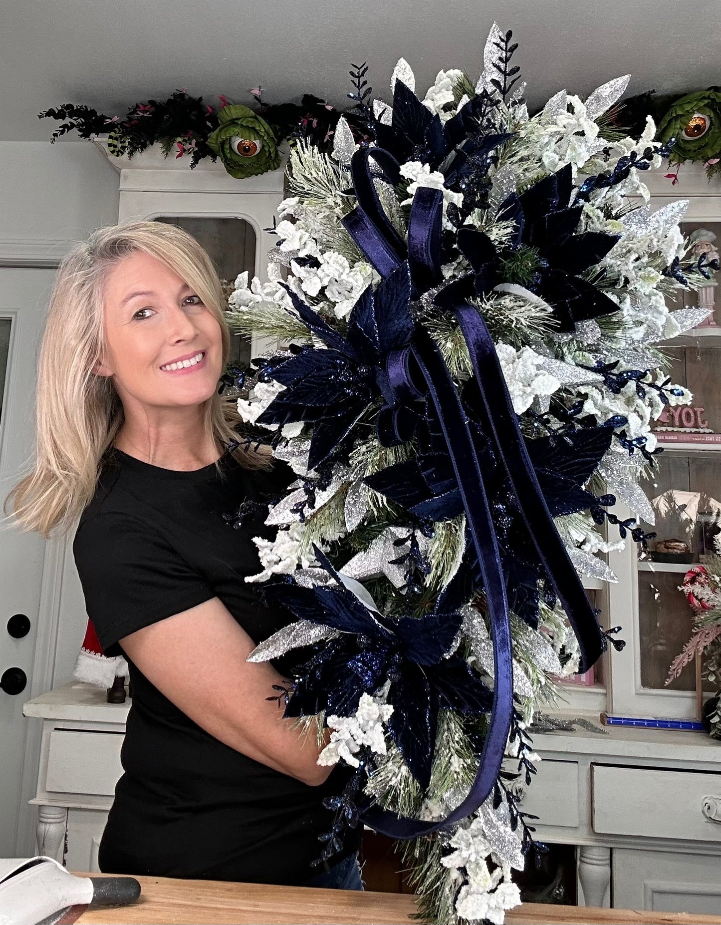 Elegant Blue & Silver Velvet Poinsettia Holiday Swag – 42"x23" Blue and Silver Christmas Door Decor | TCT Crafts