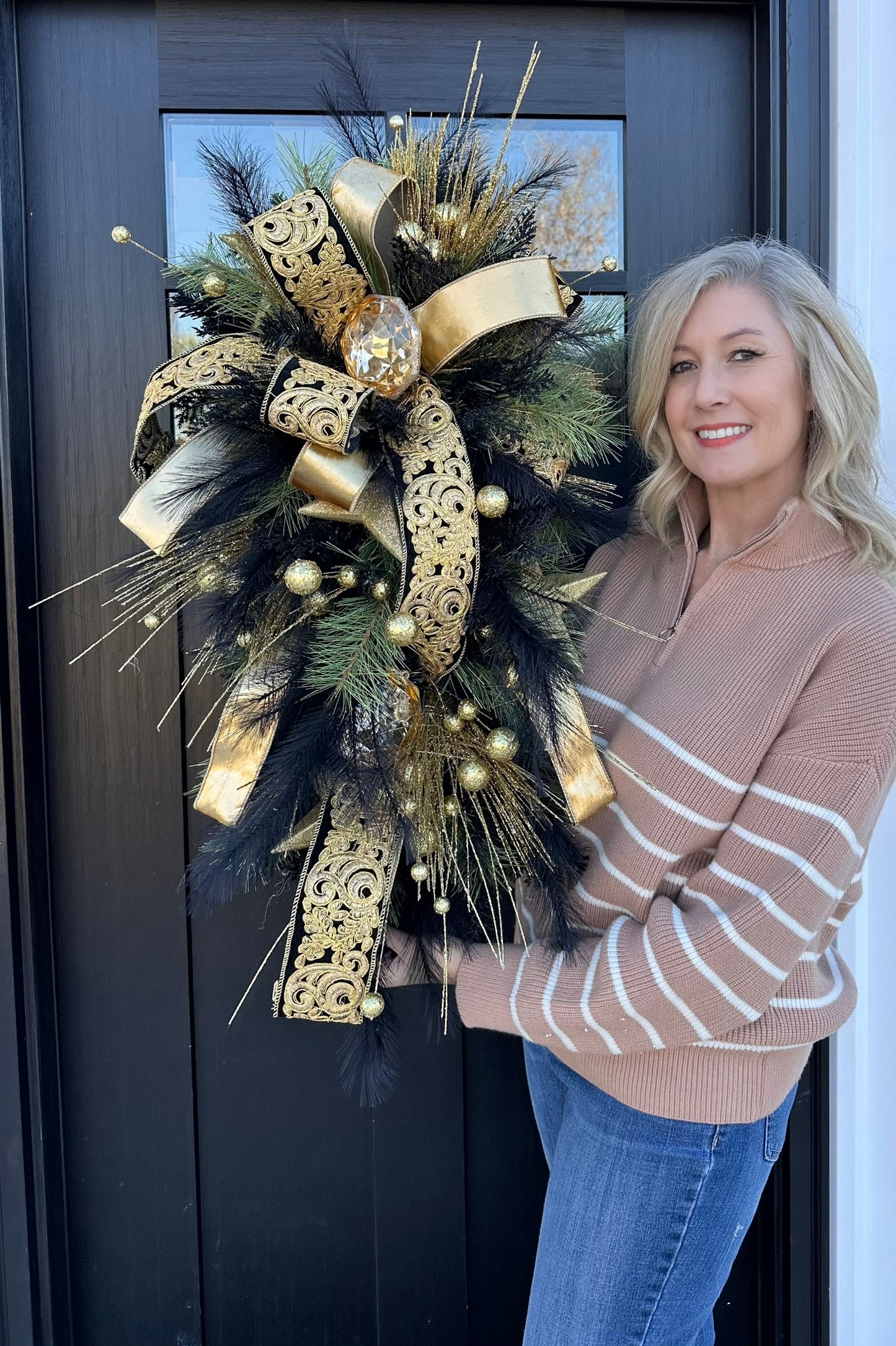 Elegant Black & Gold Holiday Swag | Luxe Door Wreath for Christmas, New Year's, or NOLA Theme | 36" x 18" Festive Decor