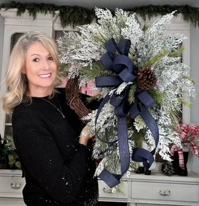 Snowy Navy Winter Crabapple Wreath - Handmade Flocked Cedar & Pine Door Decor for All Winter with Frosted Greenery and Navy Bow