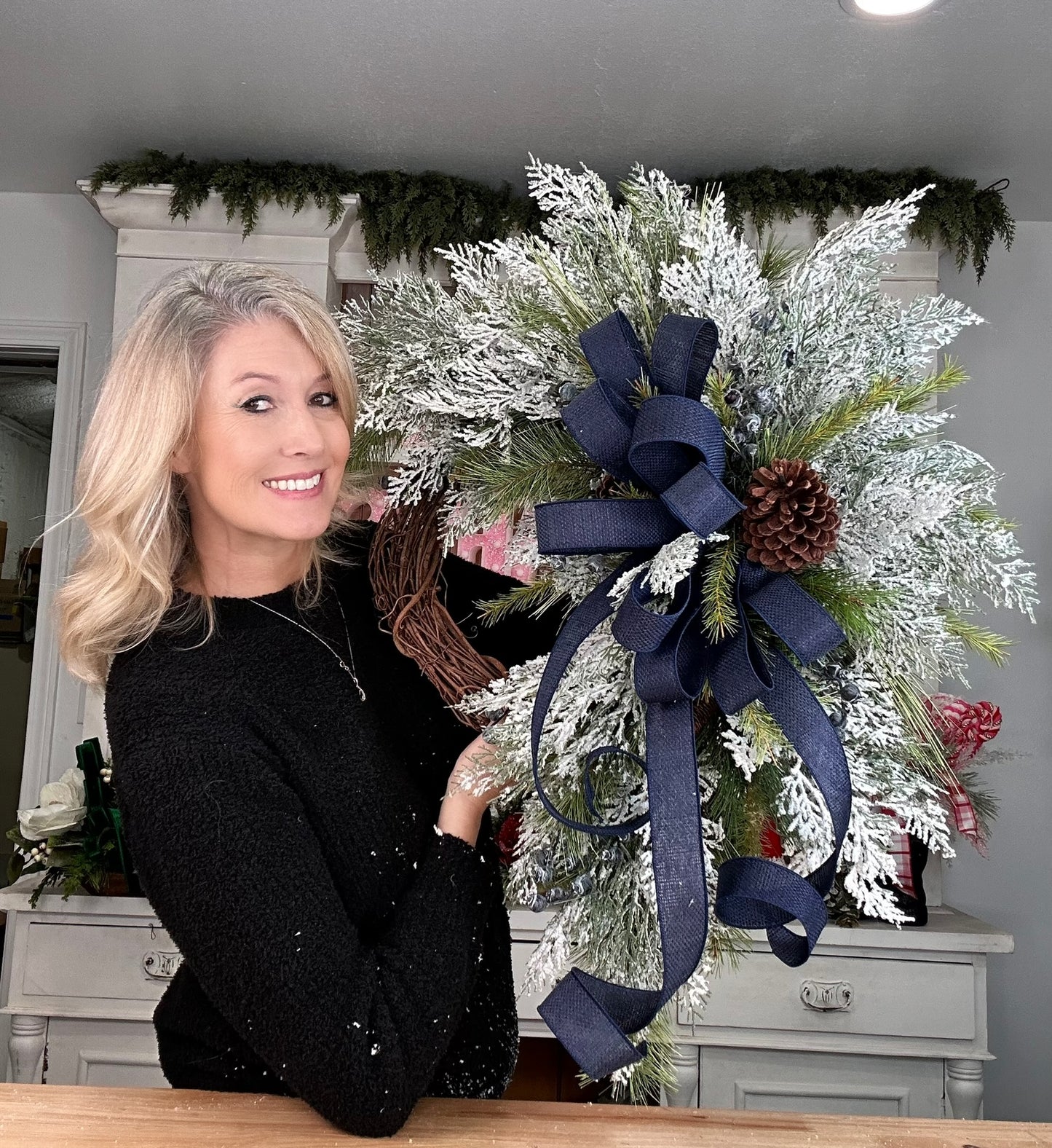 Snowy Navy Winter Crabapple Wreath - Handmade Flocked Cedar & Pine Door Decor for All Winter with Frosted Greenery and Navy Bow