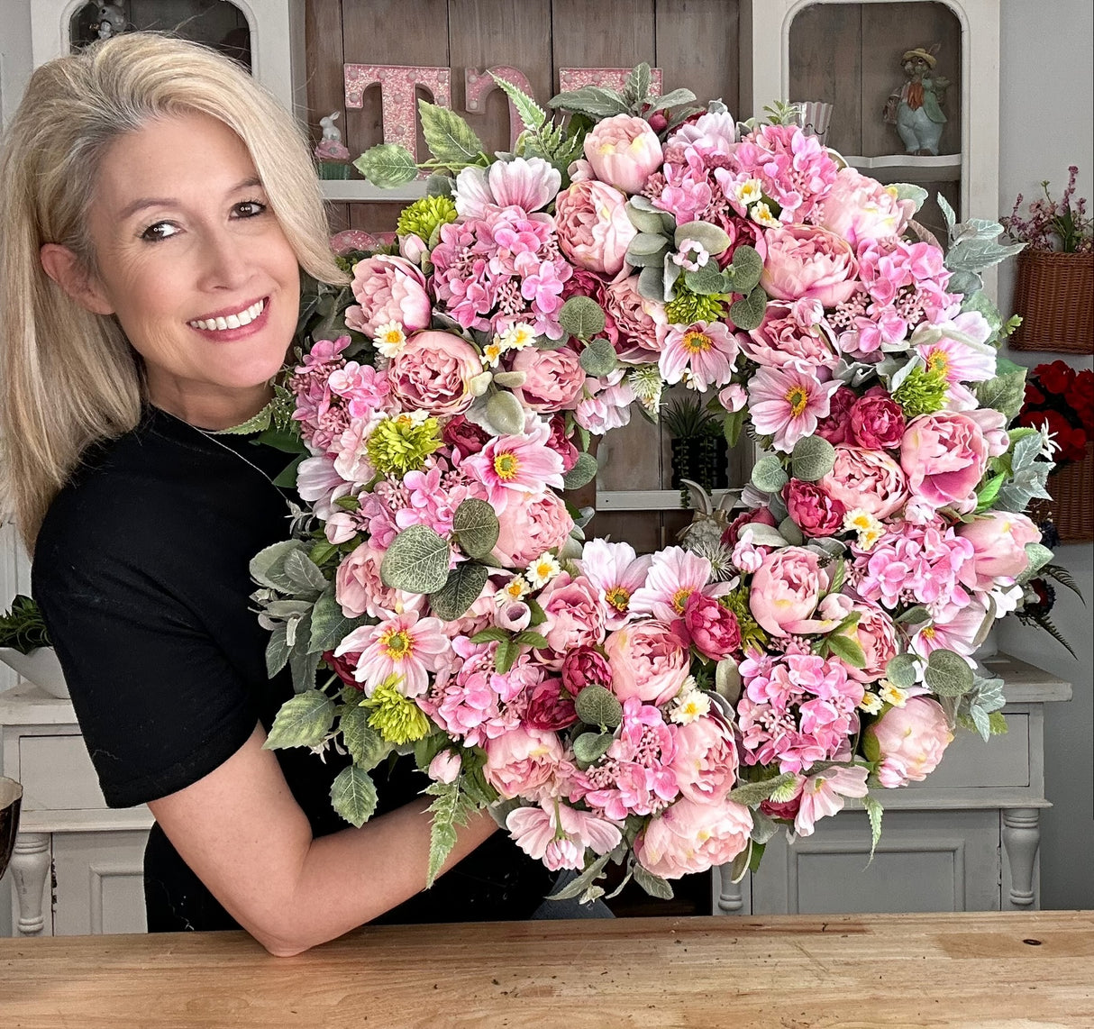 Luxury Pink Peony Wreath with Cherry Blossoms & Cosmos | Elegant Spring Door Decor 24x24