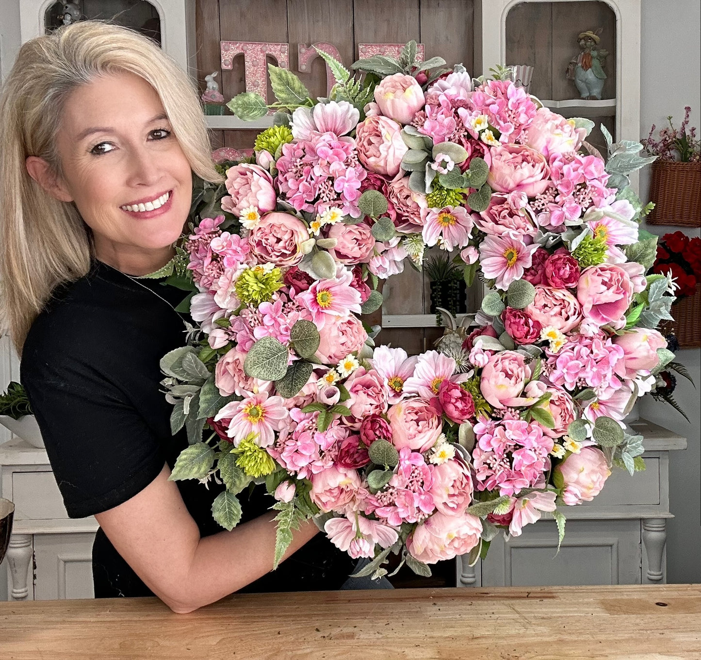 Luxury Pink Peony Wreath with Cherry Blossoms & Cosmos | Elegant Spring Door Decor 24x24