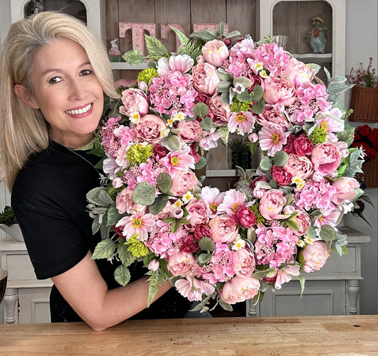 Luxury Pink Peony Wreath with Cherry Blossoms & Cosmos | Elegant Spring Door Decor 24x24