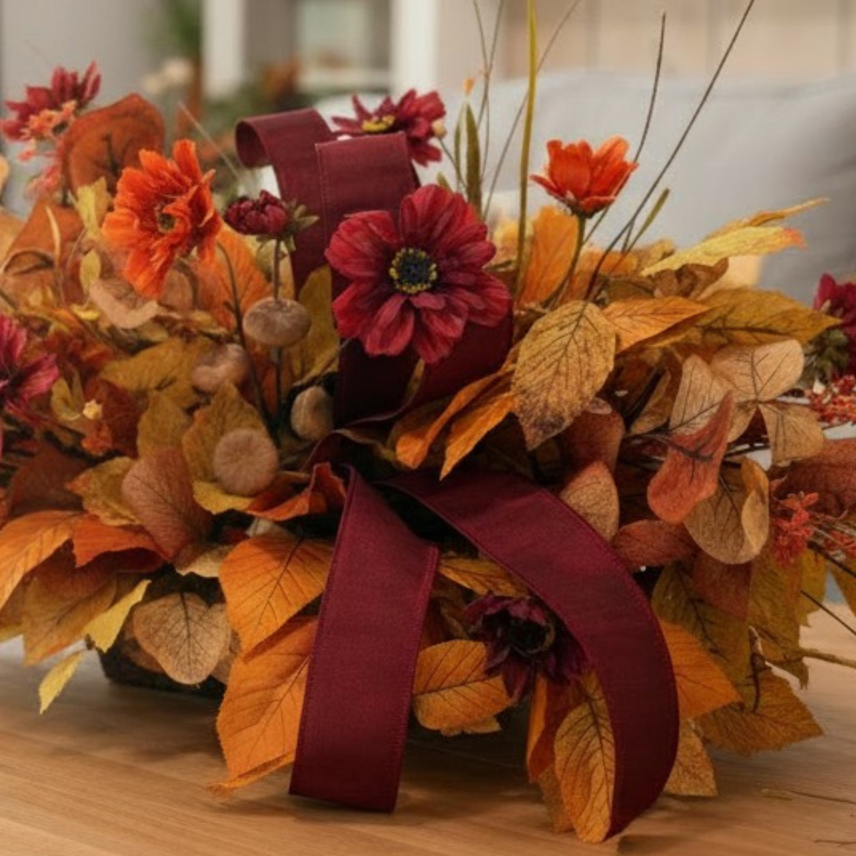 Fall Cosmos Centerpiece in Wooden Dough Bowl — Ready-Made Artificial Fall Arrangement TCT Crafts