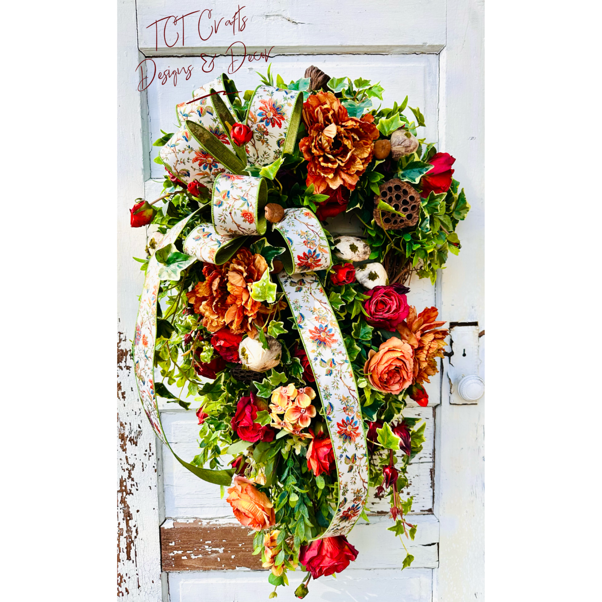 XL Fall Grapevine Wreath with Peonies, Mushrooms, Ruscus & Ribbon – Enchanted Autumn Door Decor TCTCrafts
