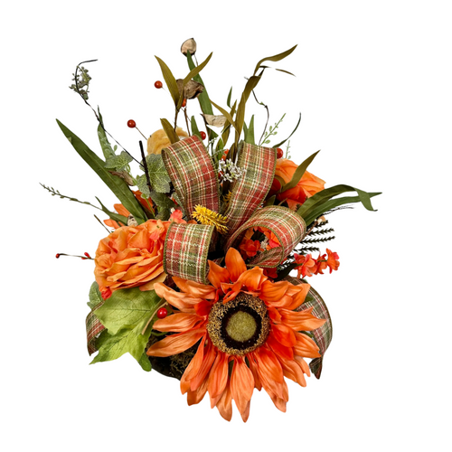 Vibrant 17x12 Orange Sunflower Arrangement for Fall Decor, Artificial Autumn Tabletop Floral with Rustic Plaid Ribbon Accent