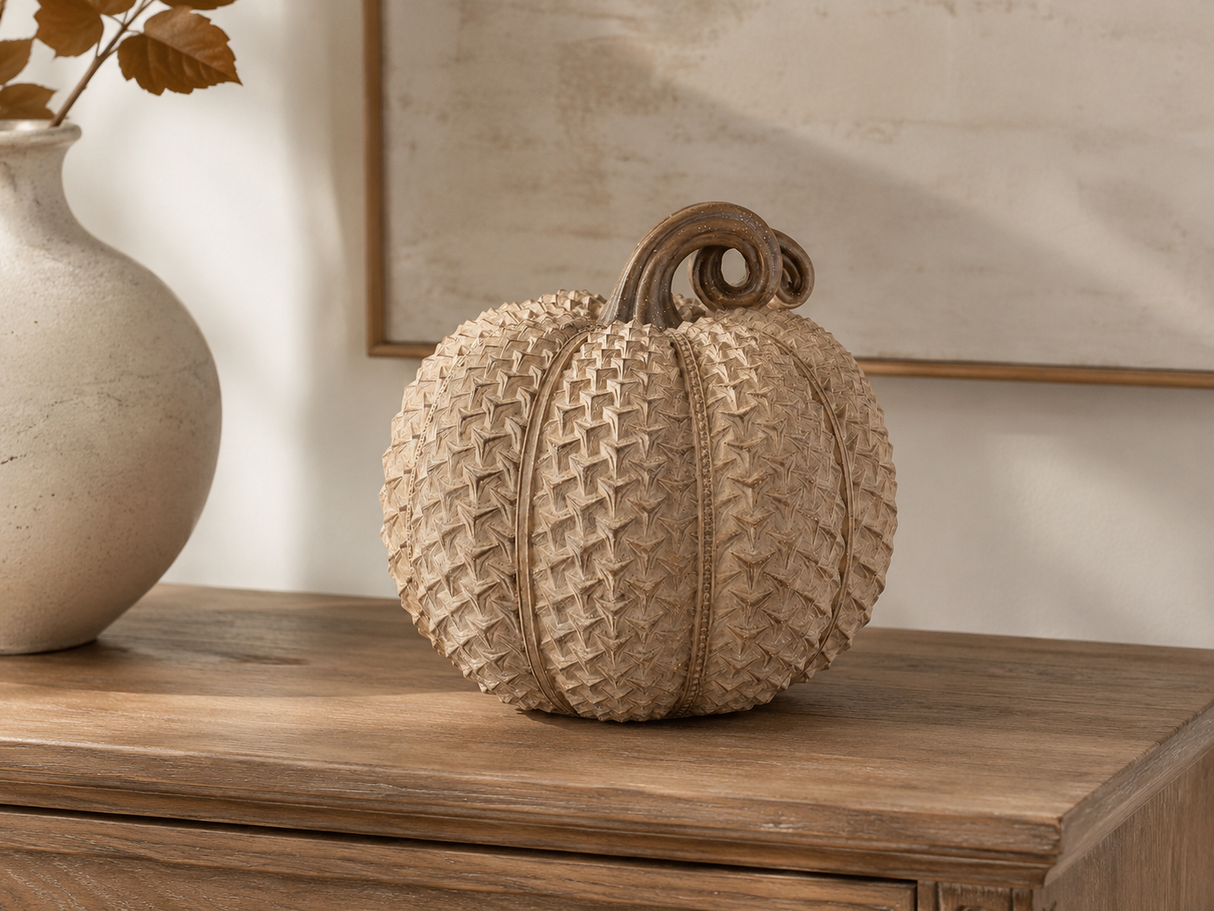 Beige Raised Texture Resin Pumpkin — 11.5 Inch Neutral Fall Pumpkin for Shelves, Mantels, and Thanksgiving Tabletop Decor-41998C-BG K & K Interiors