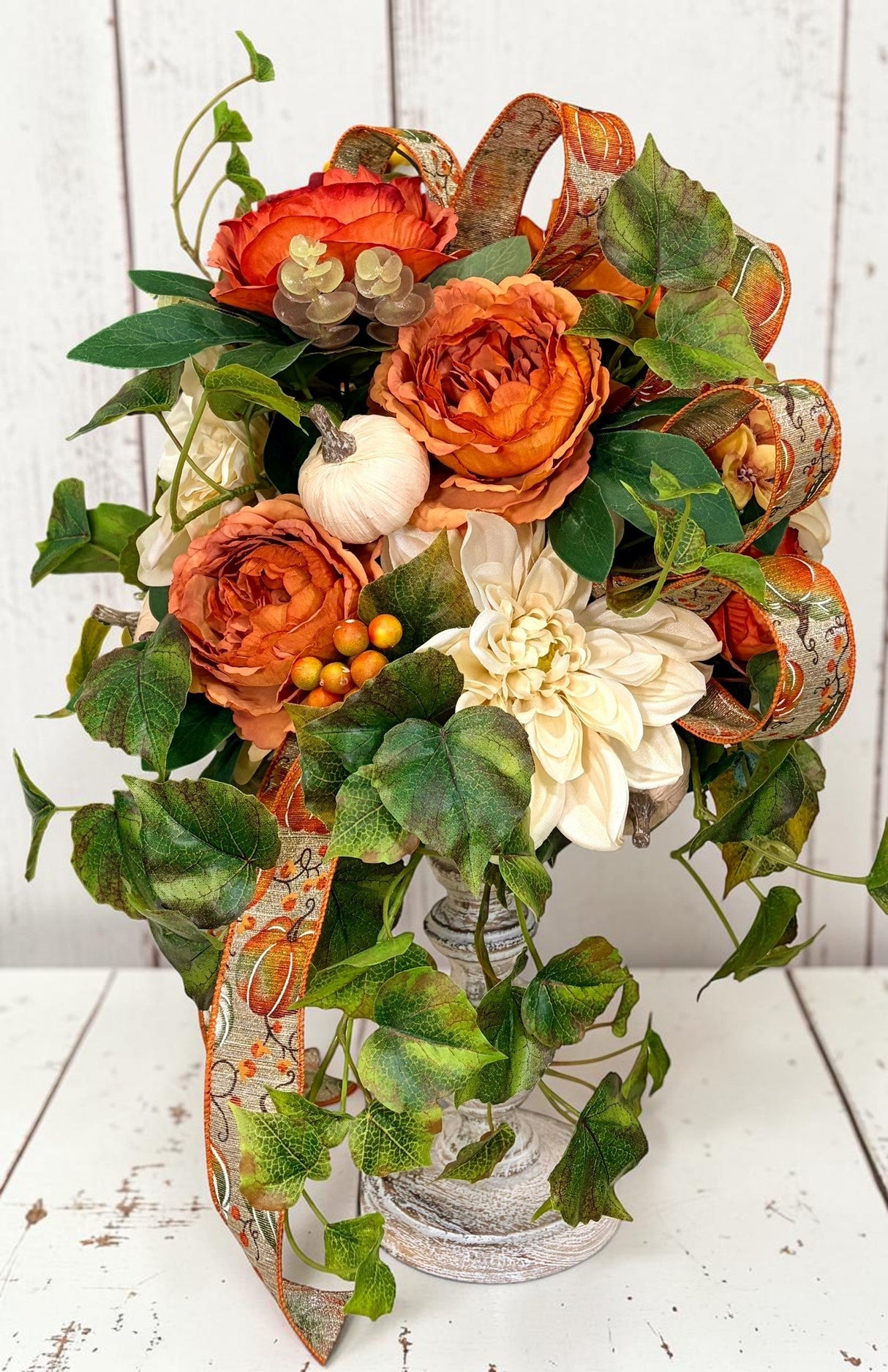 Fall Candlestick Arrangement with Dahlia Roses Ivy and Pumpkin Decor TCT Crafts