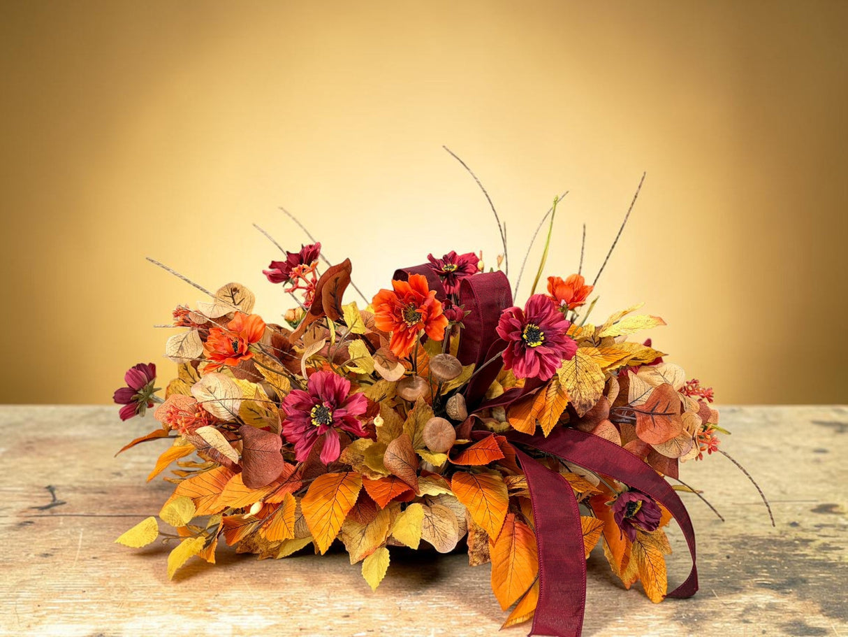Fall Cosmos Centerpiece in Wooden Dough Bowl — Ready-Made Artificial Fall Arrangement TCT Crafts